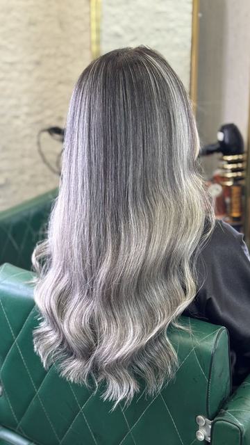 نمای پشت بالیاژ از قهوه‌ای خاکستری تیره به نقره‌ای و پلاتینی با رگه‌های یاسی روی موی بلند