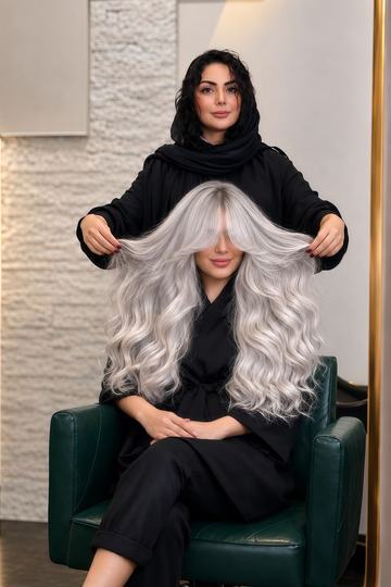 مشتری با موی پلاتینی–نقره‌ای پرحجم و موج‌دار روی صندلی سالن و استایلیست ایستاده پشت او